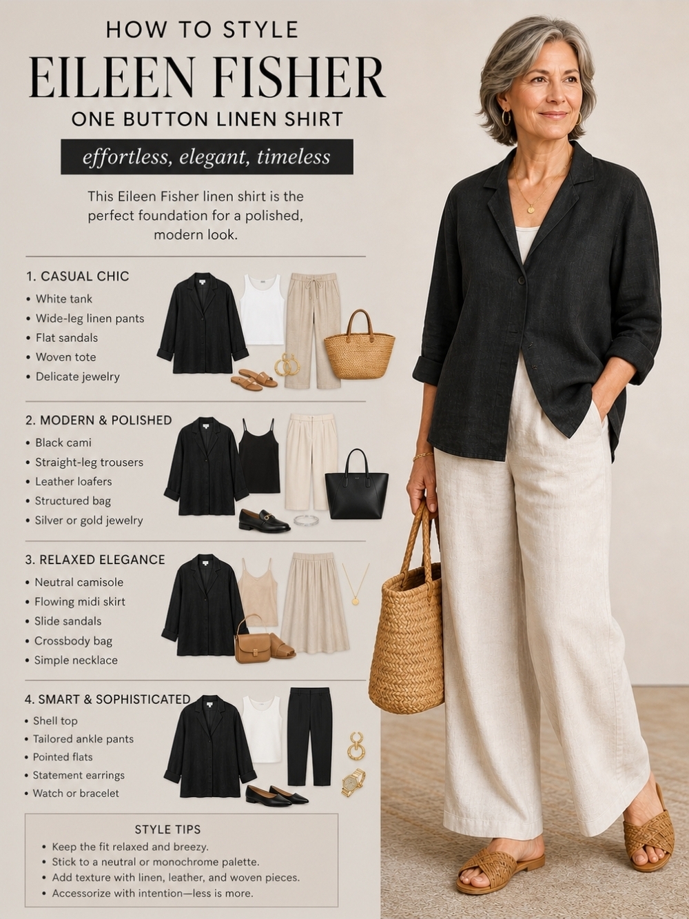 Eileen Fisher Black Linen One Button Shirt | Minimalist Relaxed Fit Top